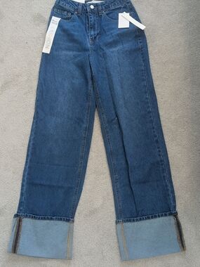 Tinseltown Dark Blue Wide-Leg Jeans with Cuffed Hem